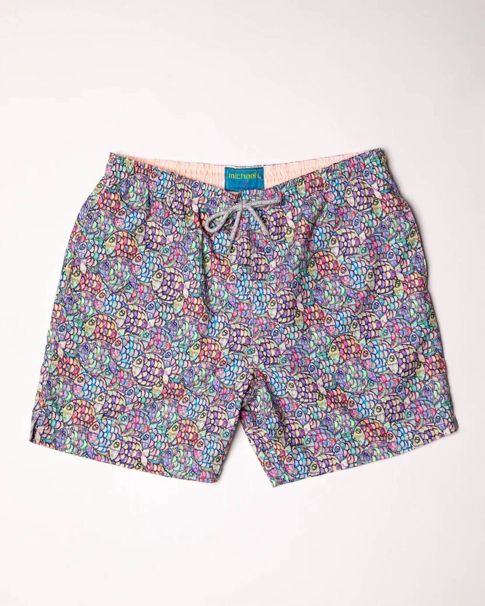 NEW MICHAEL'S SWIMWEAR men's cyclist abstract fish liner swim trunks in blue